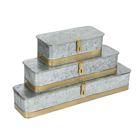Hello Honey; Hello Honey® Silver Rectangular Metal Nesting Storage Boxes with Hasp Lock; Category:Tabletop Accents; Image:1